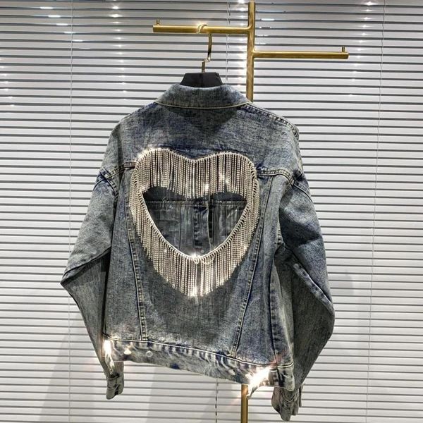 women's jackets 2021 autumn arrivals streetwear long sleeve hollow out slim rhinestone tassel backless denim short coat women outerwear, Black;brown