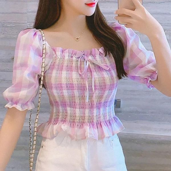 women's blouses & shirts women square collar short puff sleeve plaid cropped blouse summer korean style shirt female bow slim top, White
women's blouses & shirts women square collar short puff sleeve plaid cropped blouse summer korean style shirt female bow slim top, White