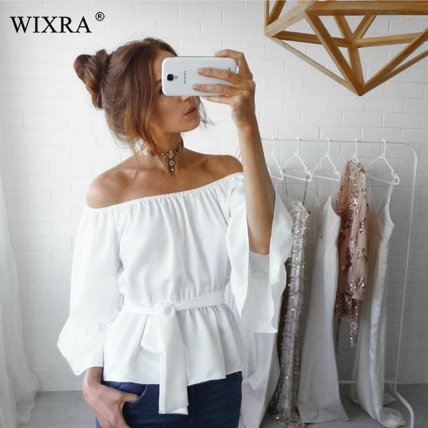 women's blouses & shirts wixra 2021 summer womens solid slash neck blouse sashes long flare sleeve for ladies, White
women's blouses & shirts wixra 2021 summer womens solid slash neck blouse sashes long flare sleeve for ladies, White