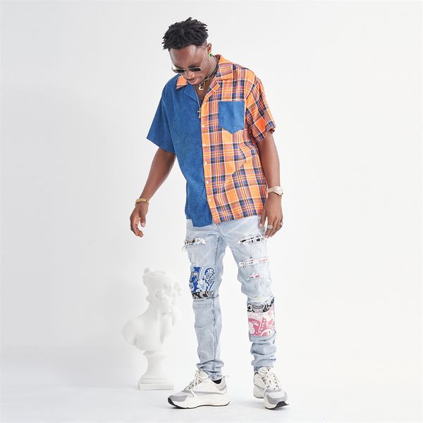 men colorful patchwork denim youth casual elastic ripped jeans pencil pants fashion high street long trousers, Blue
men colorful patchwork denim youth casual elastic ripped jeans pencil pants fashion high street long trousers, Blue
