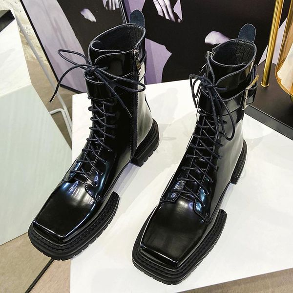 boots stylish autumn winter square toe chunky platform handmade genuine leather cross tied thick heel buckle strap women ankle, Black
boots stylish autumn winter square toe chunky platform handmade genuine leather cross tied thick heel buckle strap women ankle, Black