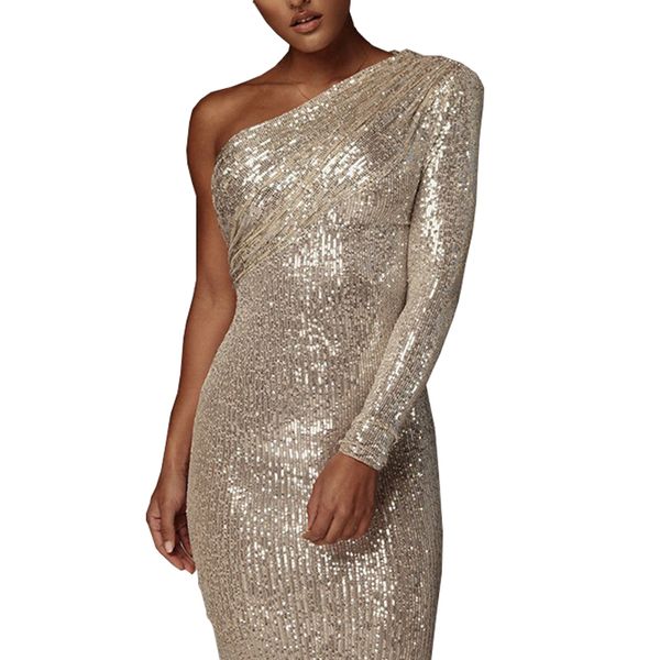 2021 new sequins beading one shoulder slim body midi high waist women party vestidos p0na, Black;gray