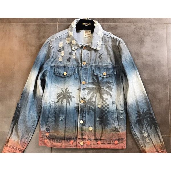 2021 new autumn men's clothing denim jacket coat washed hole frayed outerwear vintage coconut palm print, Black
2021 new autumn men's clothing denim jacket coat washed hole frayed outerwear vintage coconut palm print, Black