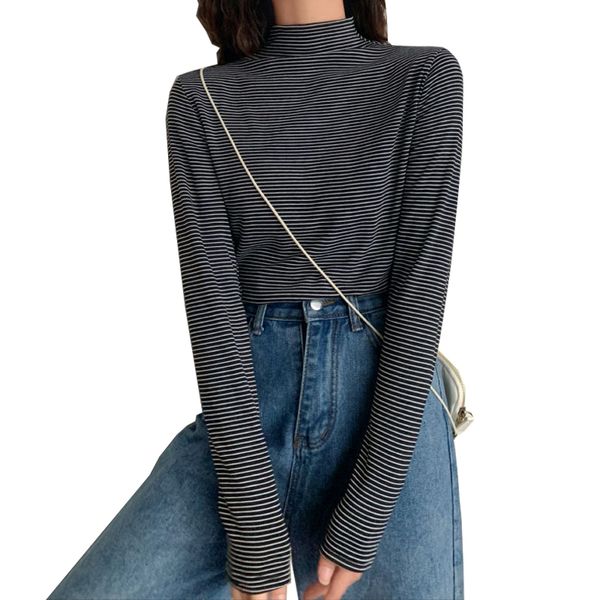 2021 new autumn women t-shirts causal half turtleneck slim bottoming t-shirt casual harajuku stripe long sleeve girls basic thin tee mv, White
2021 new autumn women t-shirts causal half turtleneck slim bottoming t-shirt casual harajuku stripe long sleeve girls basic thin tee mv, White