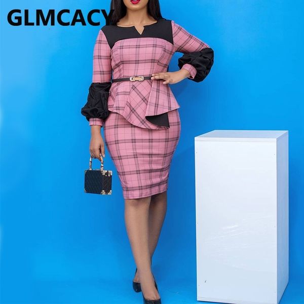 women lantern sleeve plaid dress elegant peplum office ladies work dresses 210702, Black;gray
women lantern sleeve plaid dress elegant peplum office ladies work dresses 210702, Black;gray
