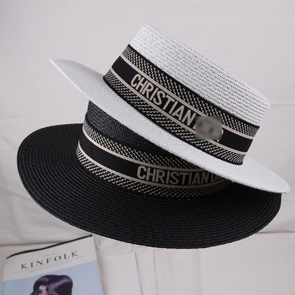 new d letter flat straw hat for women's travel beach shade tide hat, Blue;gray
