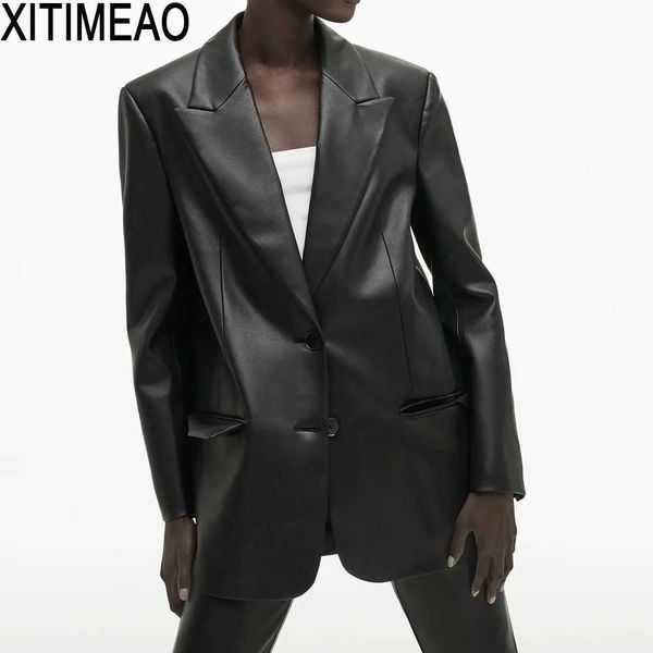 za women fashion faux leather loose blazers coat vintage long sleeve pockets back vents female outerwear chic 210604, White;black
za women fashion faux leather loose blazers coat vintage long sleeve pockets back vents female outerwear chic 210604, White;black