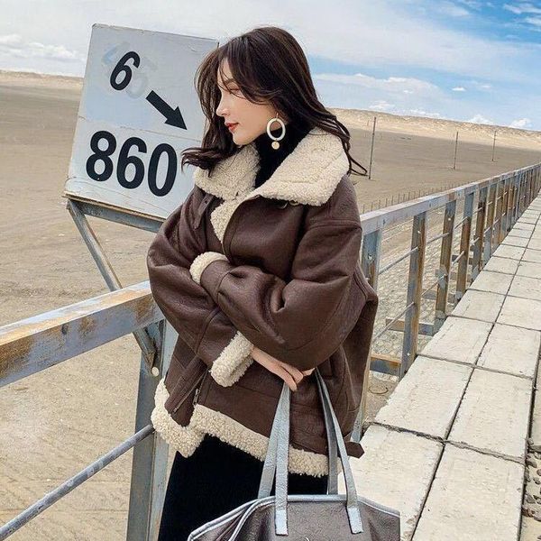 women's leather & faux 2021 autumn winter lamb fur leater pu coat women korean loose streetwear all-in-one brown motorcycle jacket over, Black
women's leather & faux 2021 autumn winter lamb fur leater pu coat women korean loose streetwear all-in-one brown motorcycle jacket over, Black