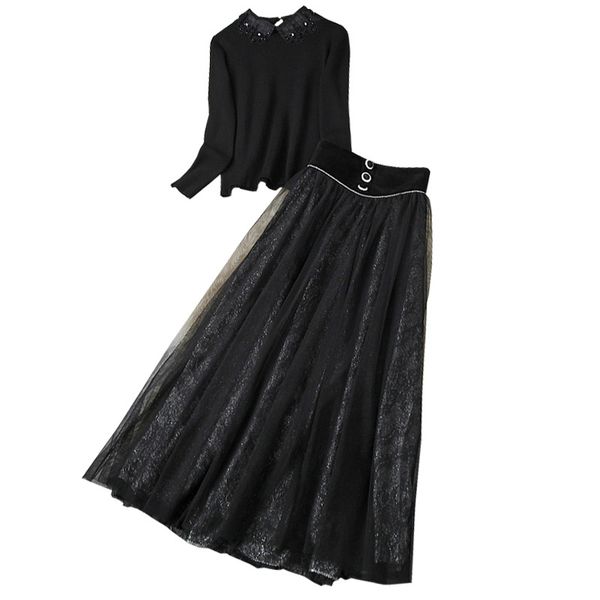 fall/winter slim slimming doll collar long-sleeved sweater bright yarn mesh half-length dress retro two-piece suit skirt, White;black
fall/winter slim slimming doll collar long-sleeved sweater bright yarn mesh half-length dress retro two-piece suit skirt, White;black
