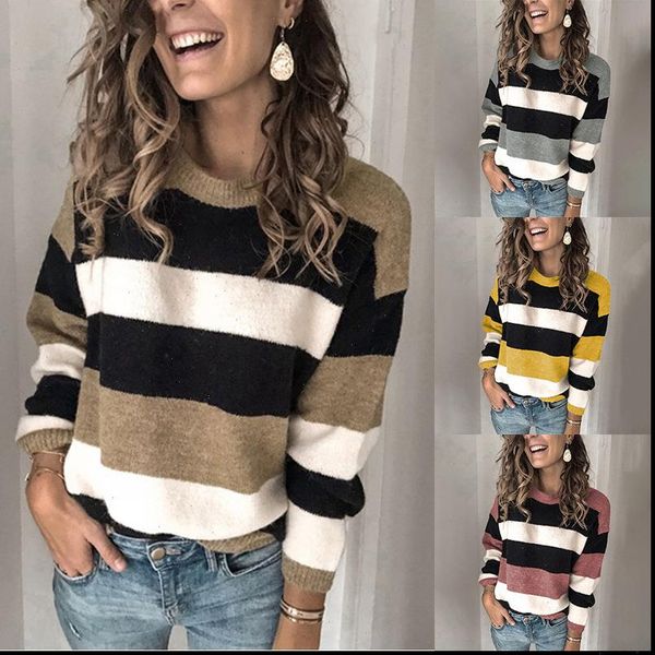 autumn winter 2021 new pullover womens sweaters with contrasting colors and stripes casual loose knitted sweater women, White;black
autumn winter 2021 new pullover womens sweaters with contrasting colors and stripes casual loose knitted sweater women, White;black
