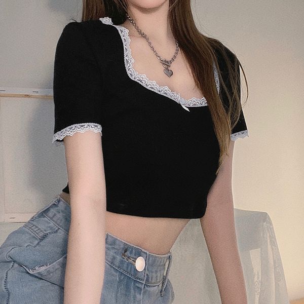 short sleeve women t-shirt goth aesthetic lace tirm fitness square collar cute tee summer streetwear skinny crop, White
short sleeve women t-shirt goth aesthetic lace tirm fitness square collar cute tee summer streetwear skinny crop, White