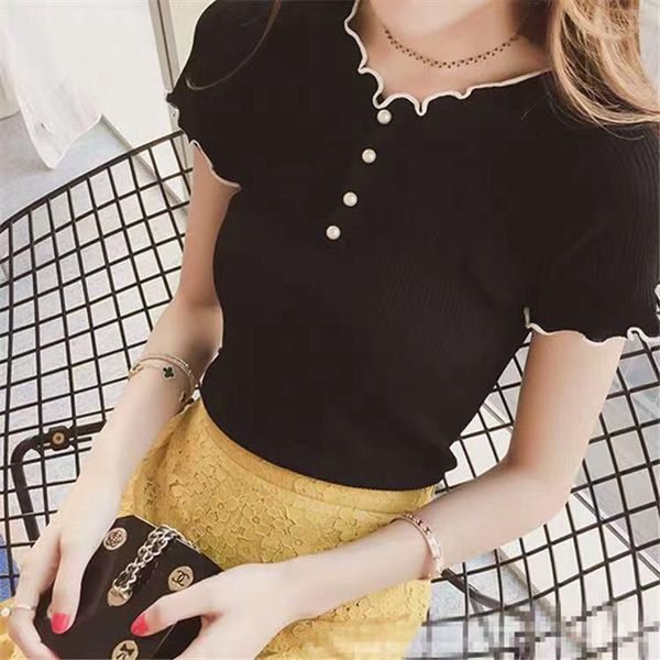 women's t-shirt female knit short sleeves korean style elegant tight shirts slim with pearl solid sweet b64, White
women's t-shirt female knit short sleeves korean style elegant tight shirts slim with pearl solid sweet b64, White