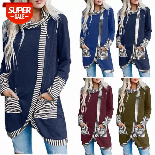 women's striped high neck long sleeve t-shirt autumn 2020 new fashion irregular splicing pullover casual pocket long cotton #gx9v, White;black
women's striped high neck long sleeve t-shirt autumn 2020 new fashion irregular splicing pullover casual pocket long cotton #gx9v, White;black
