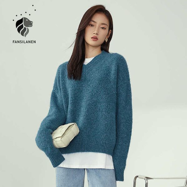 fansilanen elegant blue cashmere knitted sweater women v neck vintage oversized pullover autumn winter flame jumper female 210607, White;black
fansilanen elegant blue cashmere knitted sweater women v neck vintage oversized pullover autumn winter flame jumper female 210607, White;black