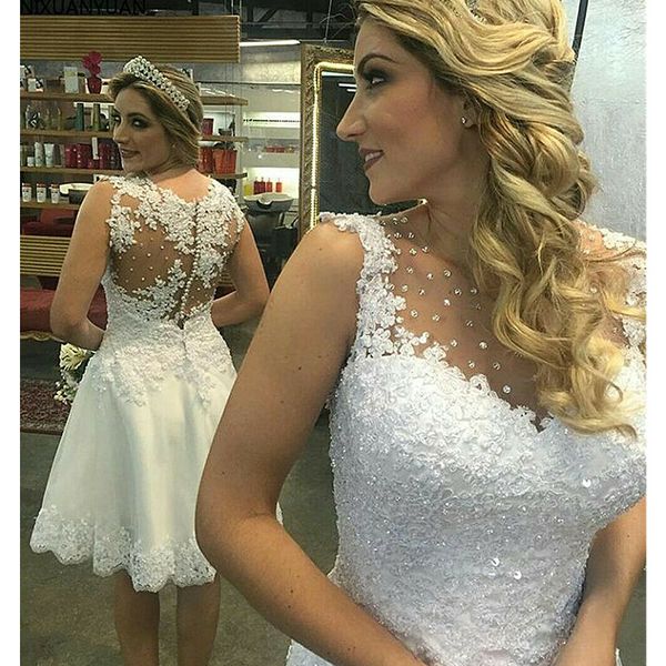 short wedding dresses sleeveless beaded lace appliques knee length bridal gown, White
short wedding dresses sleeveless beaded lace appliques knee length bridal gown, White