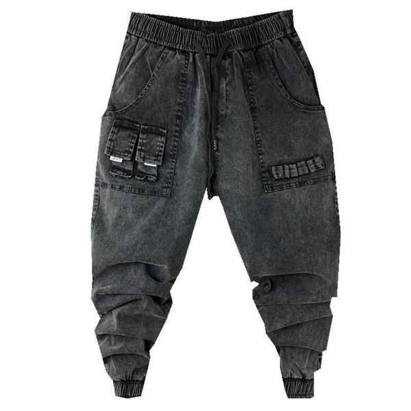 men's jeans all -matching leisure washed-out men 's skinny drawstring large size loose cargo harem pants korean style long, Blue