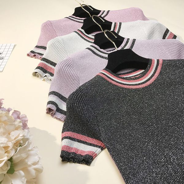 women's t-shirt new glitter knitted t shirt women for summer tshirt breathable short sleeves high elasticity striped female fe, White
women's t-shirt new glitter knitted t shirt women for summer tshirt breathable short sleeves high elasticity striped female fe, White