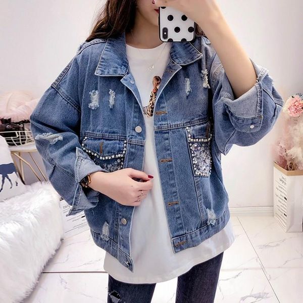 women's jackets autumn korean womens loose long sleeve denim single breasted sequins diamonds hole ripped female outerwear coats, Black;brown
women's jackets autumn korean womens loose long sleeve denim single breasted sequins diamonds hole ripped female outerwear coats, Black;brown
