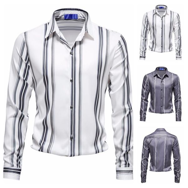 men's dress shirts autumn 2021 business casual lapel vertical stripe printed long sleeve shirt, White;black
men's dress shirts autumn 2021 business casual lapel vertical stripe printed long sleeve shirt, White;black