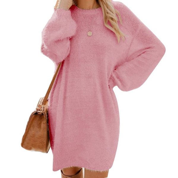 chic women dress autumn solid color o neck sweater fluffy loose knee-length dress soft thin loose sweater for women party, Black;gray 
chic women dress autumn solid color o neck sweater fluffy loose knee-length dress soft thin loose sweater for women party, Black;gray