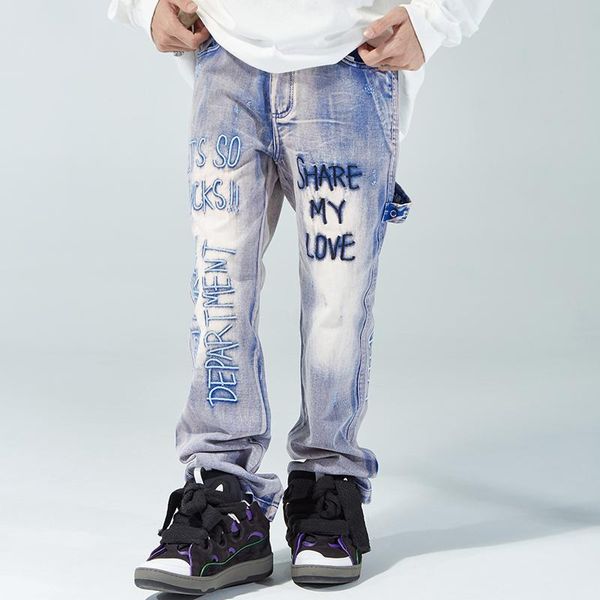 men's jeans hip hop silver and golden letter embroidery spliced men women straight washed oversize retro casual denim trousers, Blue
men's jeans hip hop silver and golden letter embroidery spliced men women straight washed oversize retro casual denim trousers, Blue