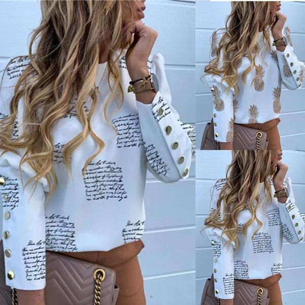 women character print casual round neck blouse button long sleeve am1372, White