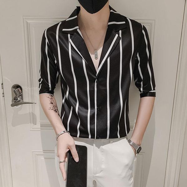 men's casual shirts summer fashion short sleeve mens shirt black white striped suit collar slim chemise homme men dress, White;black
men's casual shirts summer fashion short sleeve mens shirt black white striped suit collar slim chemise homme men dress, White;black