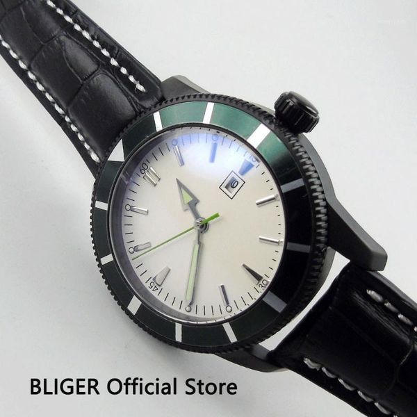 wristwatches classic 46mm white sterile dial black pvd case green rotating bezel leather miyota automatic movement men's watch bi20, Slivery;brown
wristwatches classic 46mm white sterile dial black pvd case green rotating bezel leather miyota automatic movement men's watch bi20, Slivery;brown