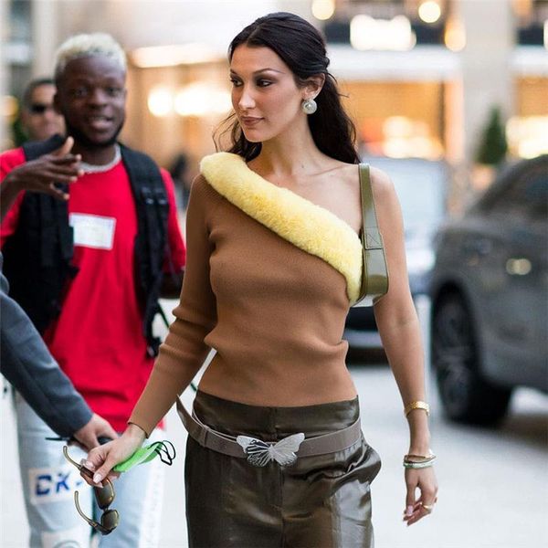 women's t-shirt faux fur t shirt women one shoulder designer night club indie skew neck summer 2021 streetwear baddie aesthetic clothi, White 
women's t-shirt faux fur t shirt women one shoulder designer night club indie skew neck summer 2021 streetwear baddie aesthetic clothi, White