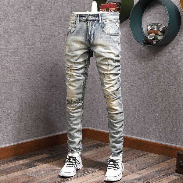 italian style fashion men jeans retro yellow blue elastic slim ripped embroidery designer hip hop casual denim pants
italian style fashion men jeans retro yellow blue elastic slim ripped embroidery designer hip hop casual denim pants