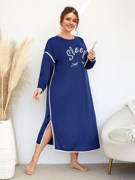 plus letter graphic drop shoulder contrast binding split hem night dress 820n#, Black;white
plus letter graphic drop shoulder contrast binding split hem night dress 820n#, Black;white