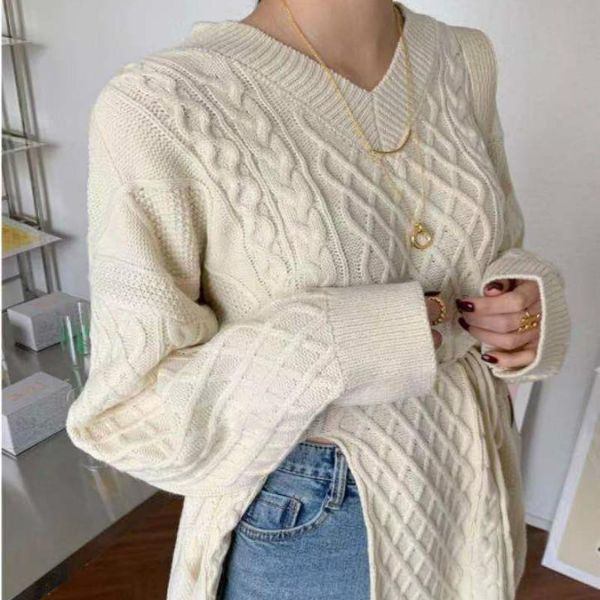 women's oversized knitted pullover sweaters solid v-neck argyle twist pattern split hem loose knitting autumn winter, White;black
women's oversized knitted pullover sweaters solid v-neck argyle twist pattern split hem loose knitting autumn winter, White;black