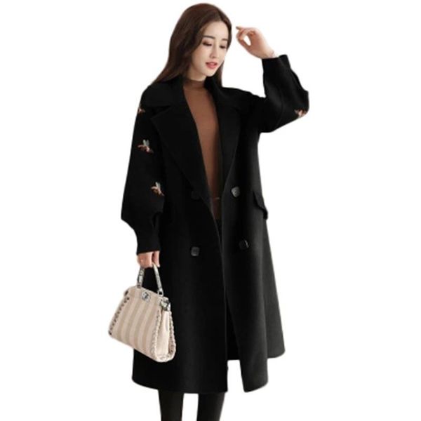 women's wool & blends fashion women autumn winter lantern sleeve vintage coat 2021 brand embroidered slim long woolen with belt f742, Black
women's wool & blends fashion women autumn winter lantern sleeve vintage coat 2021 brand embroidered slim long woolen with belt f742, Black