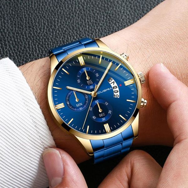 

wristwatches cuena men fashion stainless steel analog date sport quartz wrist watch male clock relogio, Slivery;brown