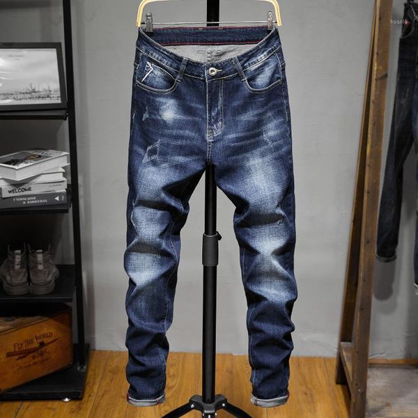 men's jeans denim elastic slim pants side, Blue
