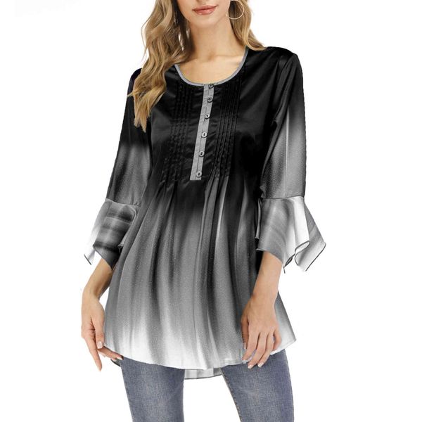 women gradient ruffle sleeve tshirt button crew neck stacked tees ladies spring autumn clothes, White
women gradient ruffle sleeve tshirt button crew neck stacked tees ladies spring autumn clothes, White