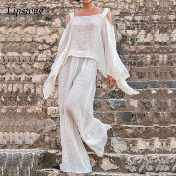 women's two piece pants casual wide leg pant suit autumn solid chiffon shirt women set fashion hollow bat long sleeve sling and, White
women's two piece pants casual wide leg pant suit autumn solid chiffon shirt women set fashion hollow bat long sleeve sling and, White