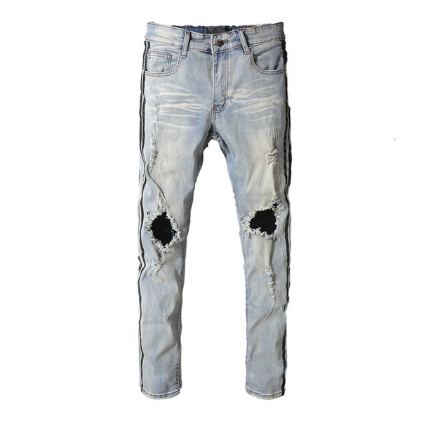 2021 men's male trousers summer slim fit jeans mens knee holes beggar denim light-colored social guy pants 5322 imdb, Blue
2021 men's male trousers summer slim fit jeans mens knee holes beggar denim light-colored social guy pants 5322 imdb, Blue
