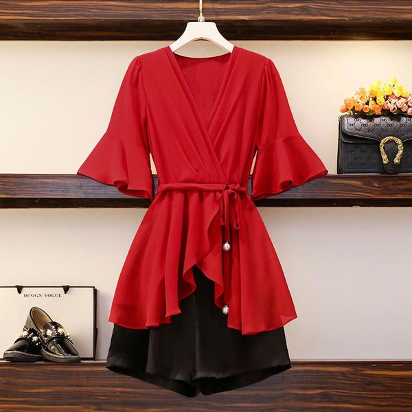 women's tracksuits 2021 hit summer two-piece sets for women chiffon v-neck lace up drawstring shirt + black shorts ladies suits female, Gray
women's tracksuits 2021 hit summer two-piece sets for women chiffon v-neck lace up drawstring shirt + black shorts ladies suits female, Gray