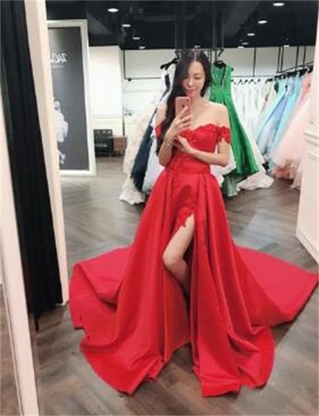 off shoulder satin red a line evening dresses 2021 long side split party prom gowns floor length plus size, Black;red
off shoulder satin red a line evening dresses 2021 long side split party prom gowns floor length plus size, Black;red