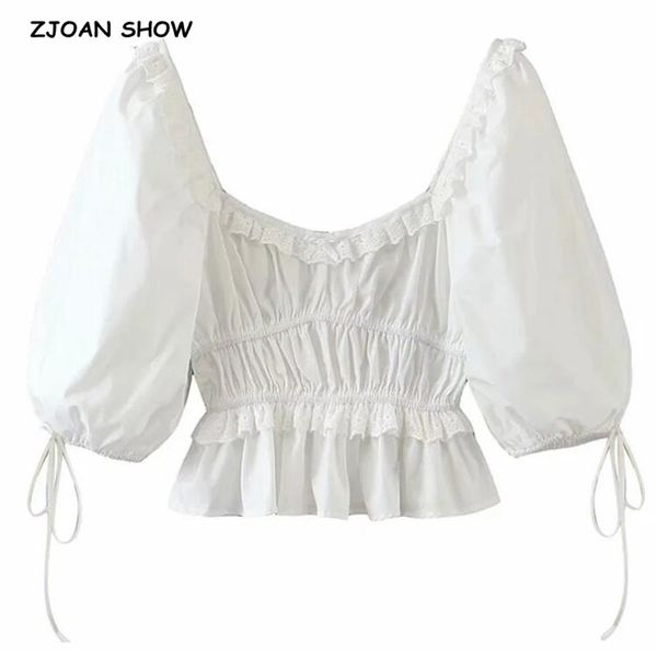 women white wood ears square collar puff sleeve shirt retro elastic ruched slim short blouse summer sweet 210225
women white wood ears square collar puff sleeve shirt retro elastic ruched slim short blouse summer sweet 210225