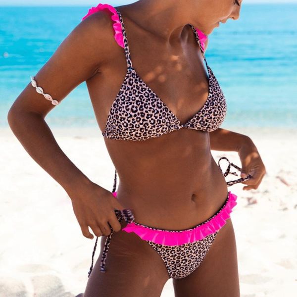 women's swimwear quick-drying stretch adjustable split low-cut swimsuit leopard print ruffled contrast color halter strap bikini, White;black
women's swimwear quick-drying stretch adjustable split low-cut swimsuit leopard print ruffled contrast color halter strap bikini, White;black