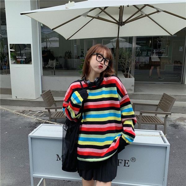 women's sweaters 2021 autumn casual all-match loose rainbow striped knitted sweater, White;black
women's sweaters 2021 autumn casual all-match loose rainbow striped knitted sweater, White;black