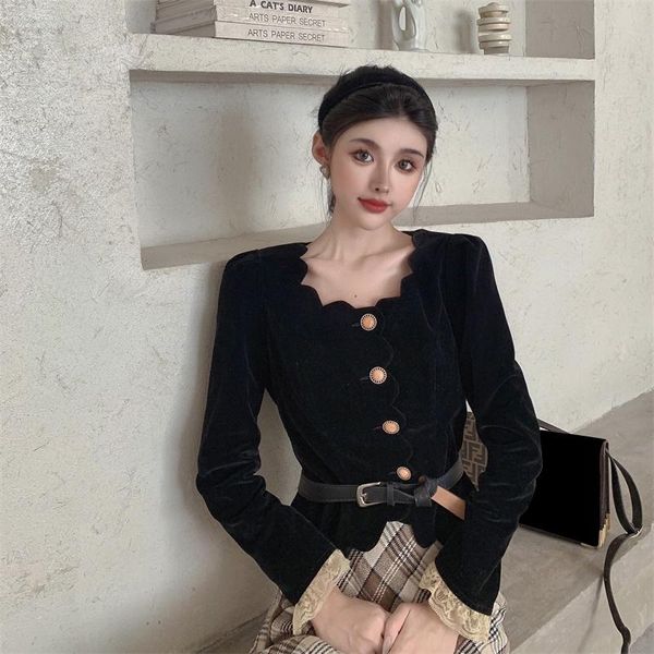women's jackets vintage black ruffles fashion coats lady solid sash slim outwear korean elegant velvet 2021 women cropped jacket coat, Black;brown
women's jackets vintage black ruffles fashion coats lady solid sash slim outwear korean elegant velvet 2021 women cropped jacket coat, Black;brown