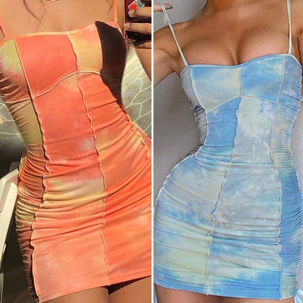 casual dresses spaghetti strap backless tie dye summer dress women fitness side drawstring ruched bodycon sexy, Black;gray 
casual dresses spaghetti strap backless tie dye summer dress women fitness side drawstring ruched bodycon sexy, Black;gray