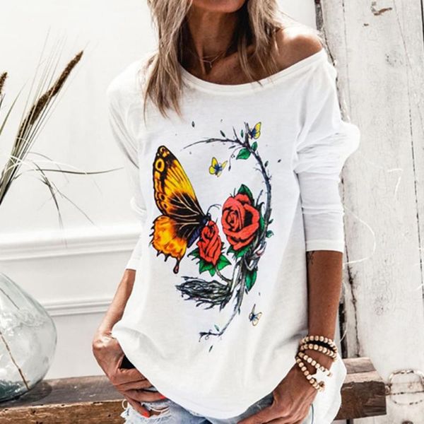 women's t-shirt spring autumn long sleeve print butterfly flower casual loose tshirt women clothing harajuku one shoulder shirt sj6, White
women's t-shirt spring autumn long sleeve print butterfly flower casual loose tshirt women clothing harajuku one shoulder shirt sj6, White