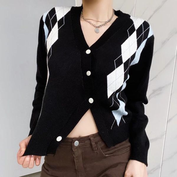 women's knits & tees vintage argyle plaid knitted cropped cardigans women korean fashion single breasted irregular sweater autumn winte, White 
women's knits & tees vintage argyle plaid knitted cropped cardigans women korean fashion single breasted irregular sweater autumn winte, White