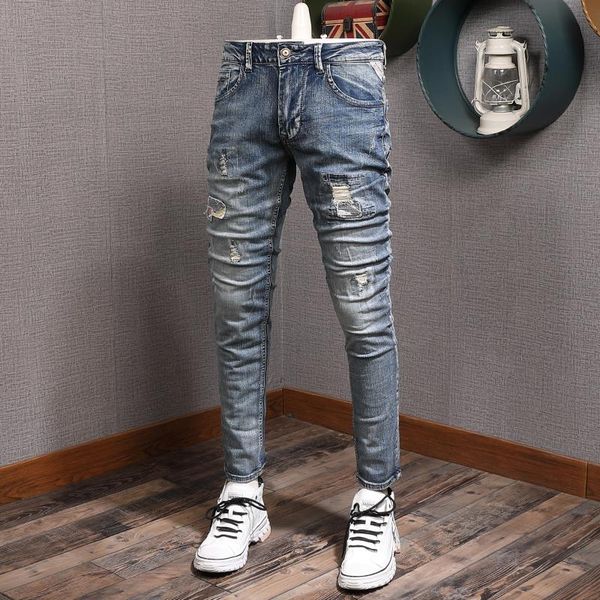 men's jeans mens blue ripped patches men retro casual slim fit pencil pants cotton denim trousers
men's jeans mens blue ripped patches men retro casual slim fit pencil pants cotton denim trousers