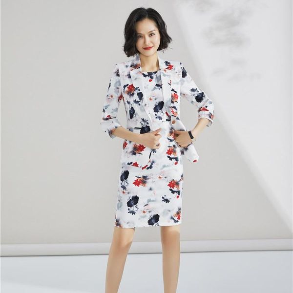 work dresses fashion ladies flower print dress suits for women business blazer and jacket sets office uniform styles, White;black
work dresses fashion ladies flower print dress suits for women business blazer and jacket sets office uniform styles, White;black