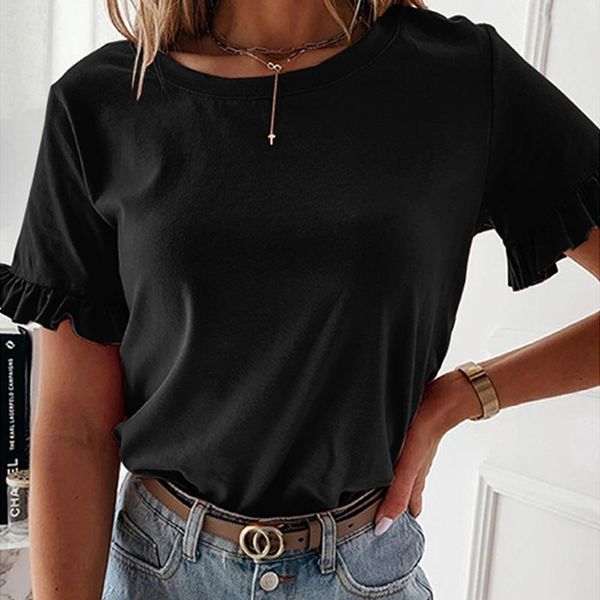 women's t-shirt folds ruffle patchwork short sleeve o neck solid color t shirt women casual loose streetwear elegant work wear, White
women's t-shirt folds ruffle patchwork short sleeve o neck solid color t shirt women casual loose streetwear elegant work wear, White